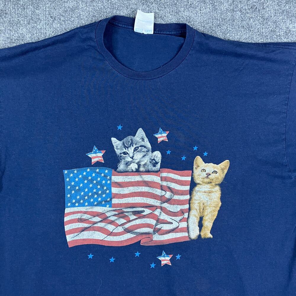 Jerzees T-Shirt Mens Size XL Navy Patriotic Kittens American Flag 90s Graphic